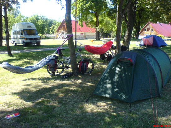campsite from the bike trip to ukraine here you can see th etent hammoks mountain bikes bags and misc equipment